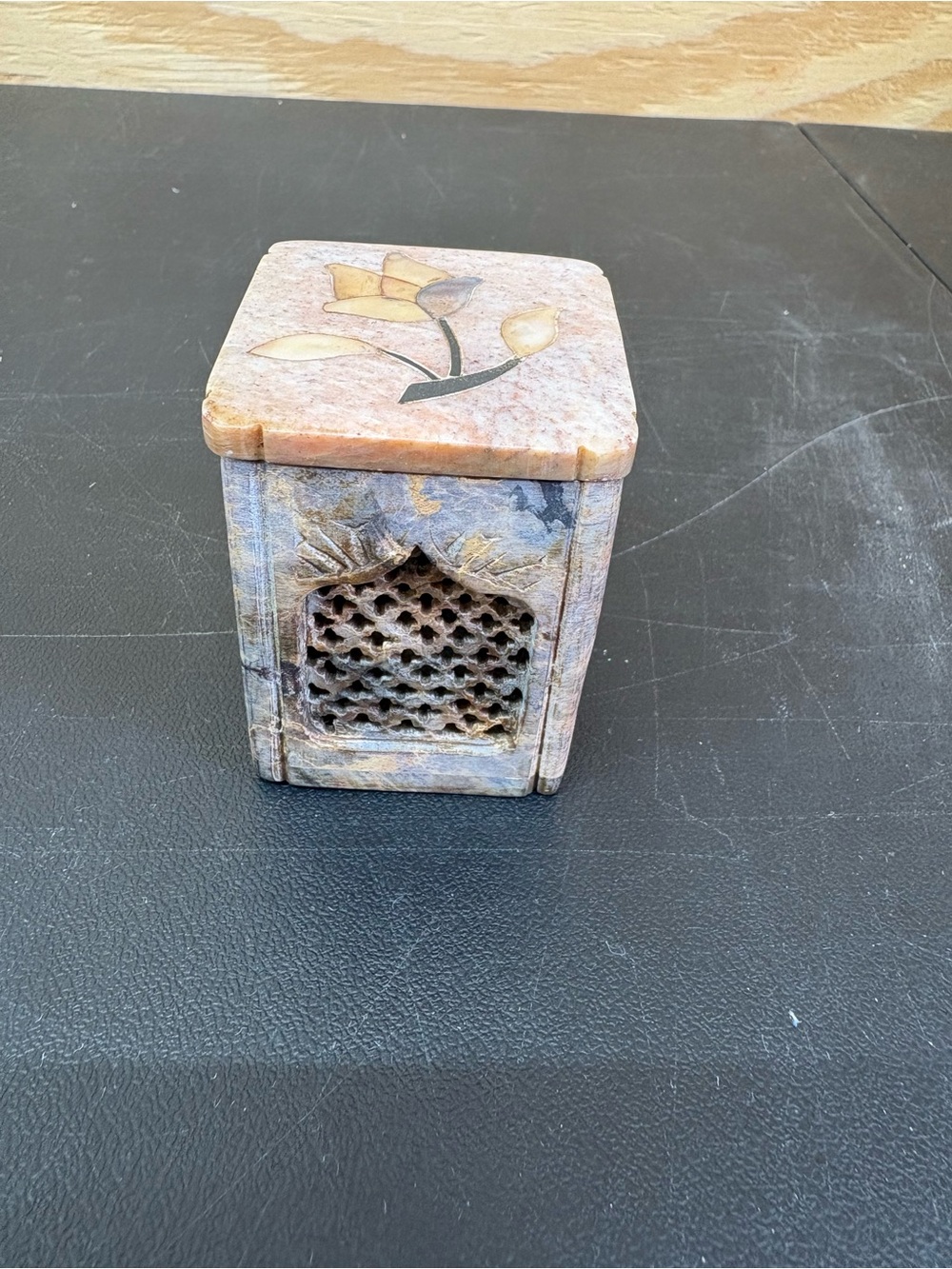 Vintage Hand-Carved Stone Trinket Box with Floral Inlay - Multicolor